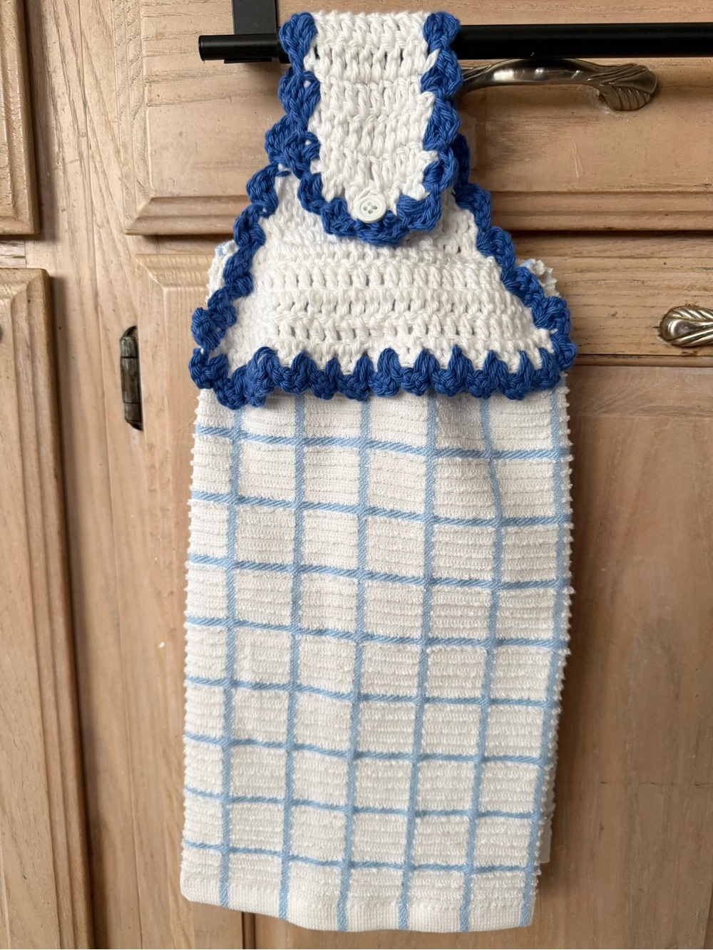 Handmade Crochet Top Kitchen Towel - White & Blue Checkered